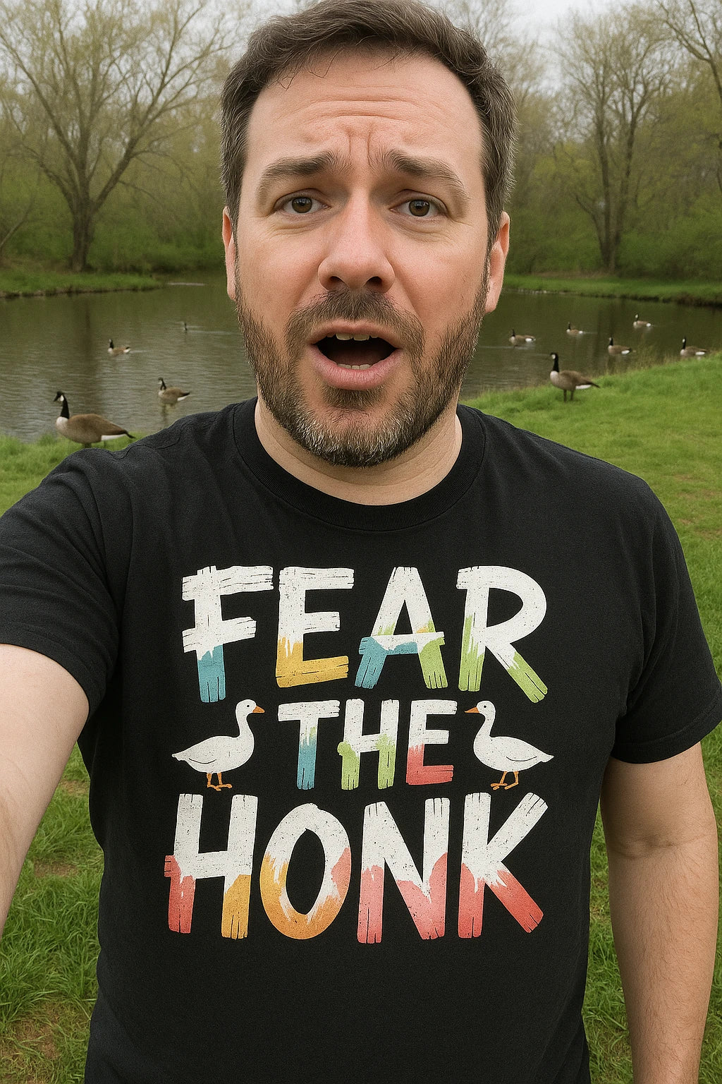 "Fear the Honk" black geese shirts, photographed as geese lover gift