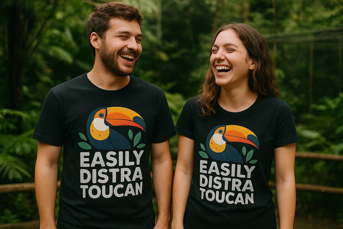Person wearing the black toucan t shirt graphic tee - "Easily Distra Toucan" design