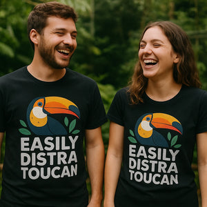 Person wearing the black toucan t shirt graphic tee - "Easily Distra Toucan" design