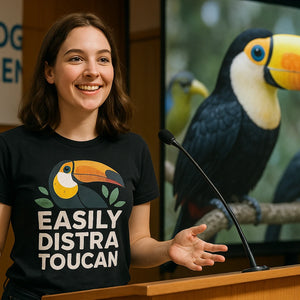 Lifestyle shot of the "Easily Distra Toucan" black toucan t shirt in a real-world setting