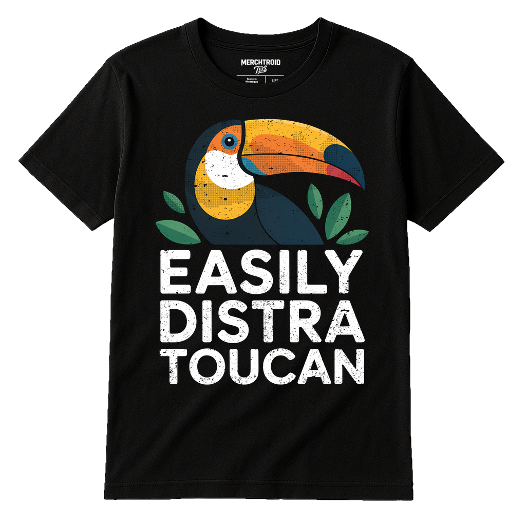 Black Toucan T Shirt - "Easily Distra Toucan" graphic tee with white print, flat lay product photo