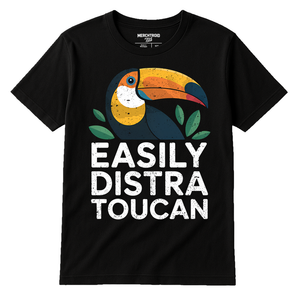 Black Toucan T Shirt - "Easily Distra Toucan" graphic tee with white print, flat lay product photo