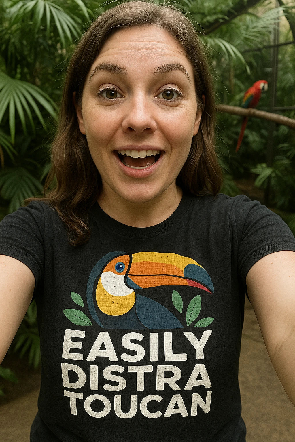 "Easily Distra Toucan" black toucan t shirt, photographed as toucan lover gift