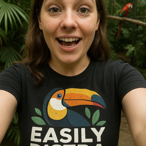 "Easily Distra Toucan" black toucan t shirt, photographed as toucan lover gift
