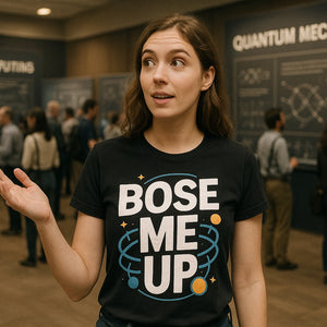Lifestyle shot of the "Bose Me Up" black quantum mechanics shirts in a real-world setting