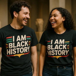 Person wearing the black black history tees graphic tee - "I Am Black History" design