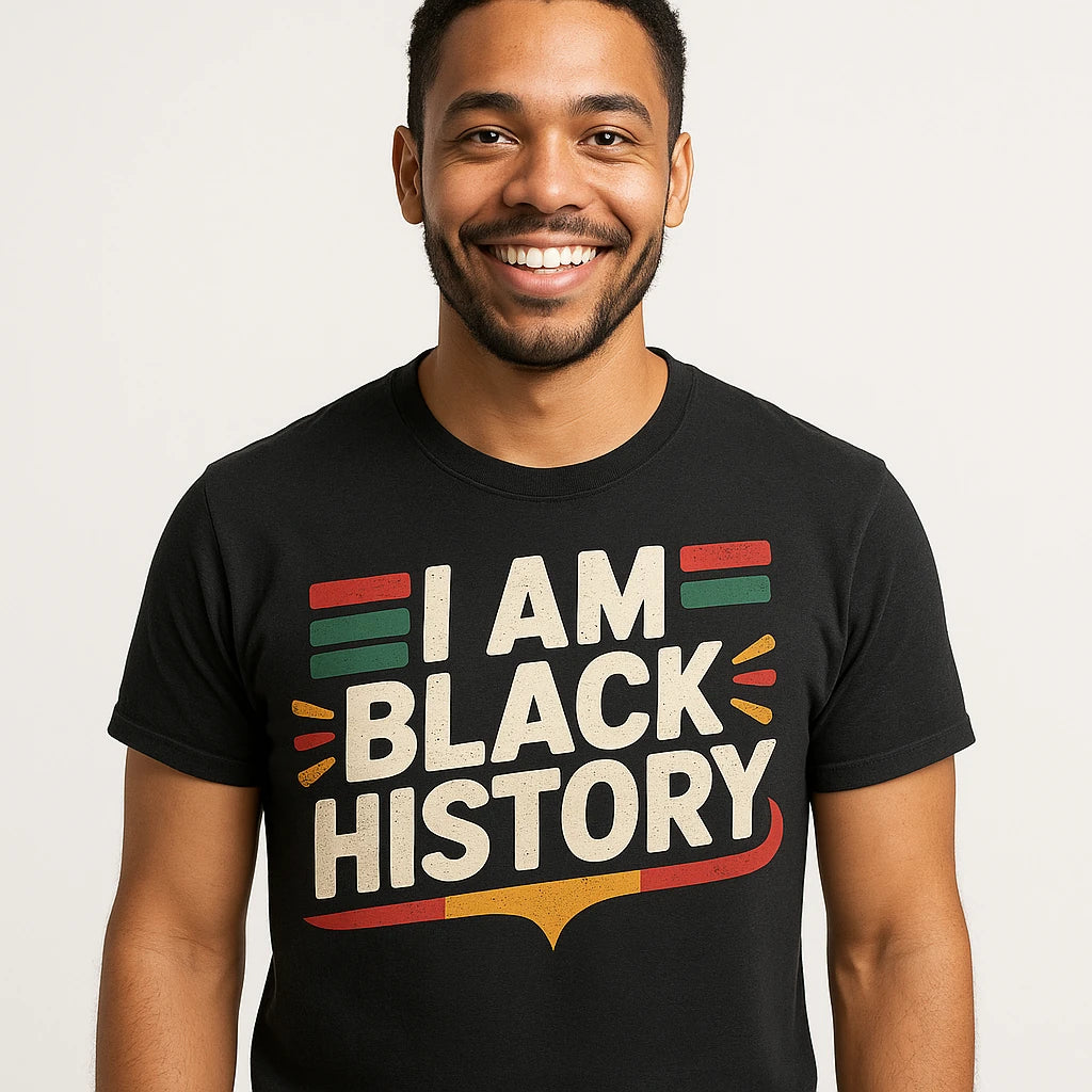 Close-up of the "I Am Black History" beige print on a premium Bella+Canvas black black history tees