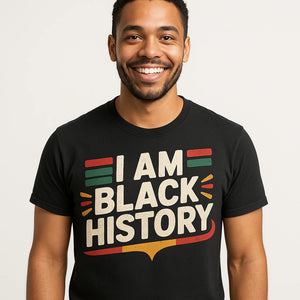 Close-up of the "I Am Black History" beige print on a premium Bella+Canvas black black history tees