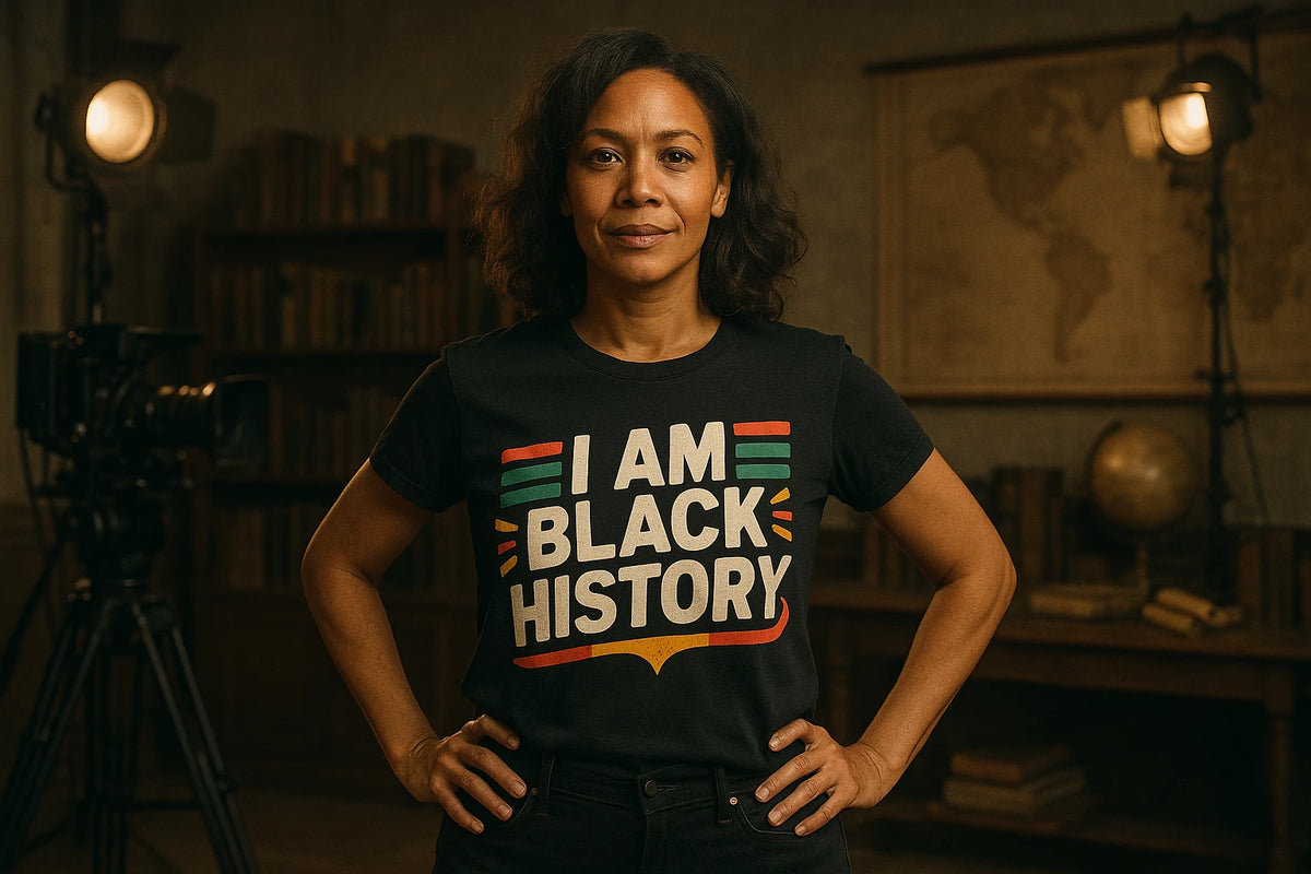 Lifestyle shot of the "I Am Black History" black black history tees in a real-world setting