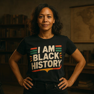 Lifestyle shot of the "I Am Black History" black black history tees in a real-world setting