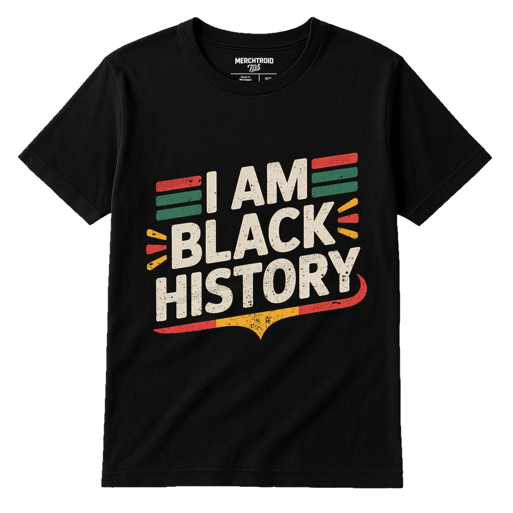 Black Black History Tees - "I Am Black History" graphic tee with beige print, flat lay product photo