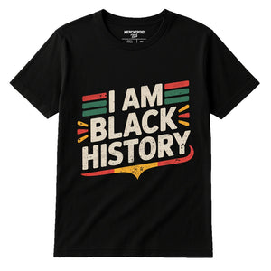 Black Black History Tees - "I Am Black History" graphic tee with beige print, flat lay product photo