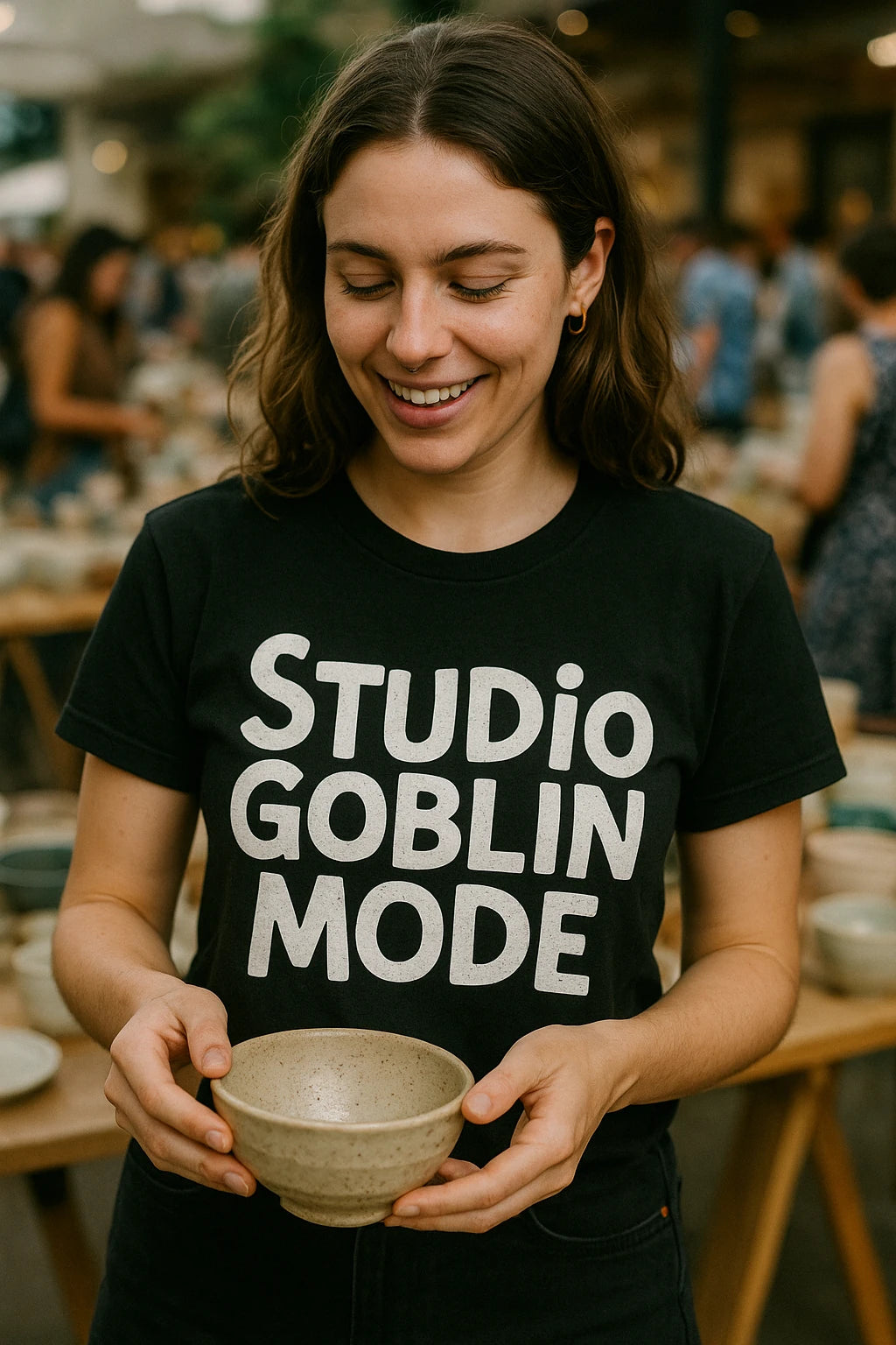 "Studio Goblin Mode" black online ceramics tee, photographed as gifts for ceramic lovers
