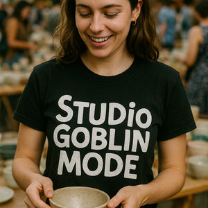 "Studio Goblin Mode" black online ceramics tee, photographed as gifts for ceramic lovers