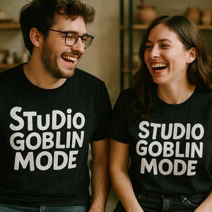 Person wearing the black online ceramics tee graphic tee - "Studio Goblin Mode" design