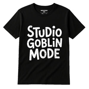 Black Online Ceramics Tee - "Studio Goblin Mode" graphic tee with white print, flat lay product photo