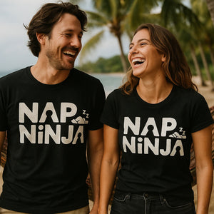 Person wearing the black relaxing t shirt graphic tee - "Nap Ninja" design