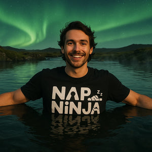 Lifestyle shot of the "Nap Ninja" black relaxing t shirt in a real-world setting