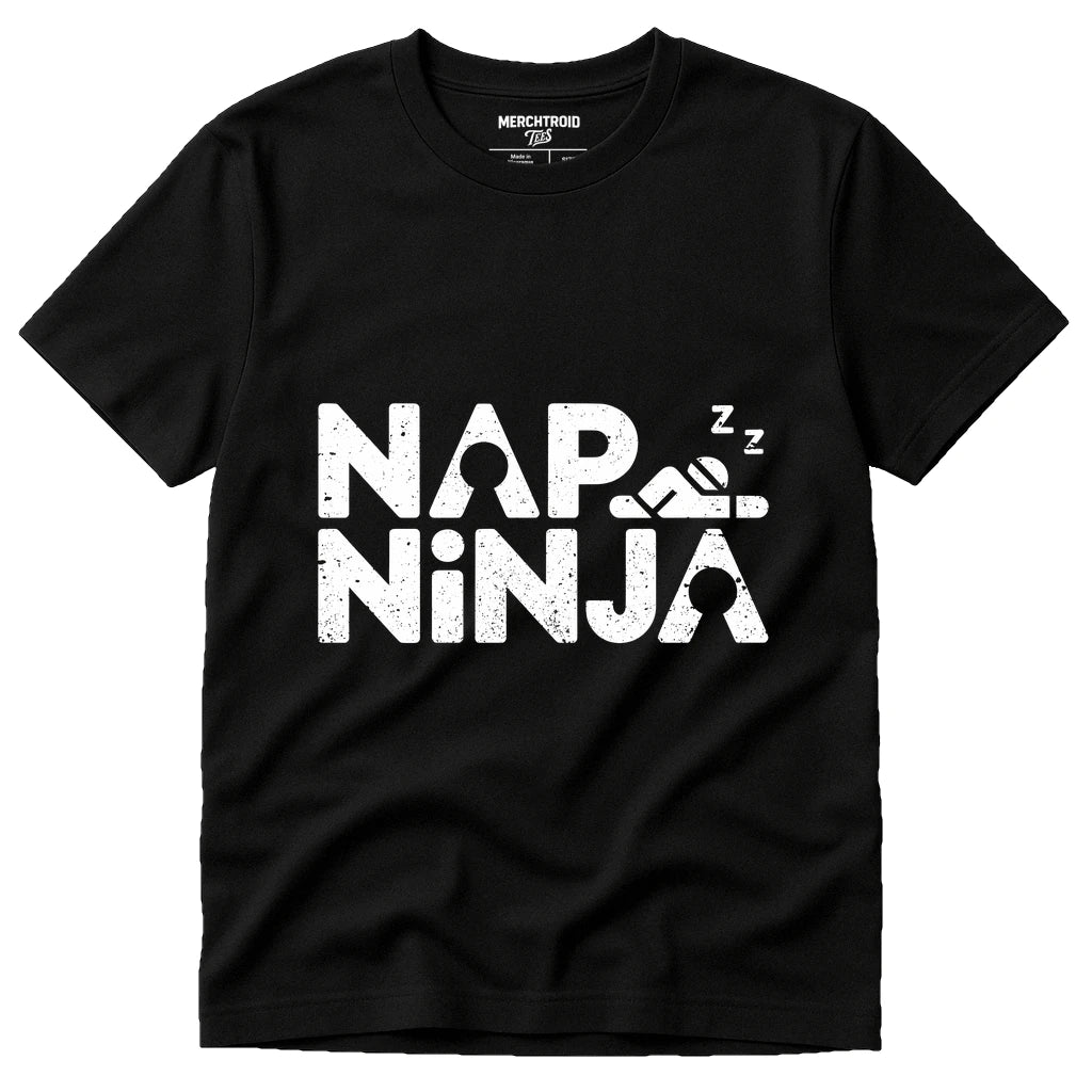 Black Relaxing T Shirt - "Nap Ninja" graphic tee with white print, flat lay product photo