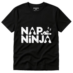 Black Relaxing T Shirt - "Nap Ninja" graphic tee with white print, flat lay product photo
