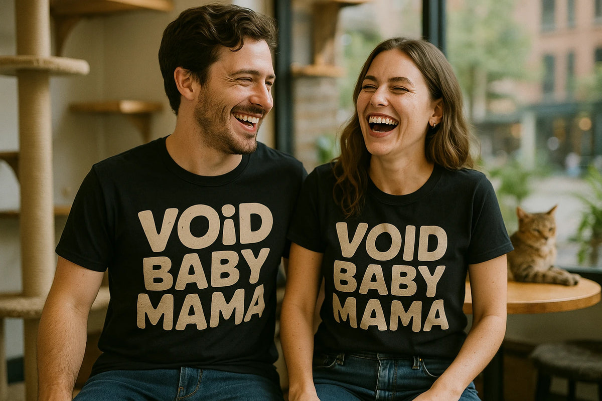 Person wearing the black cat lovers t shirt graphic tee - "Void Baby Mama" design