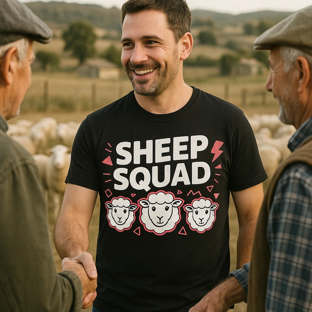 "Sheep Squad" black sheep t shirt, photographed as presents for sheep lovers