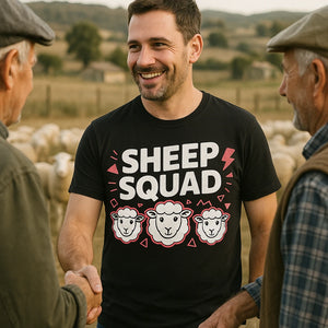 "Sheep Squad" black sheep t shirt, photographed as presents for sheep lovers