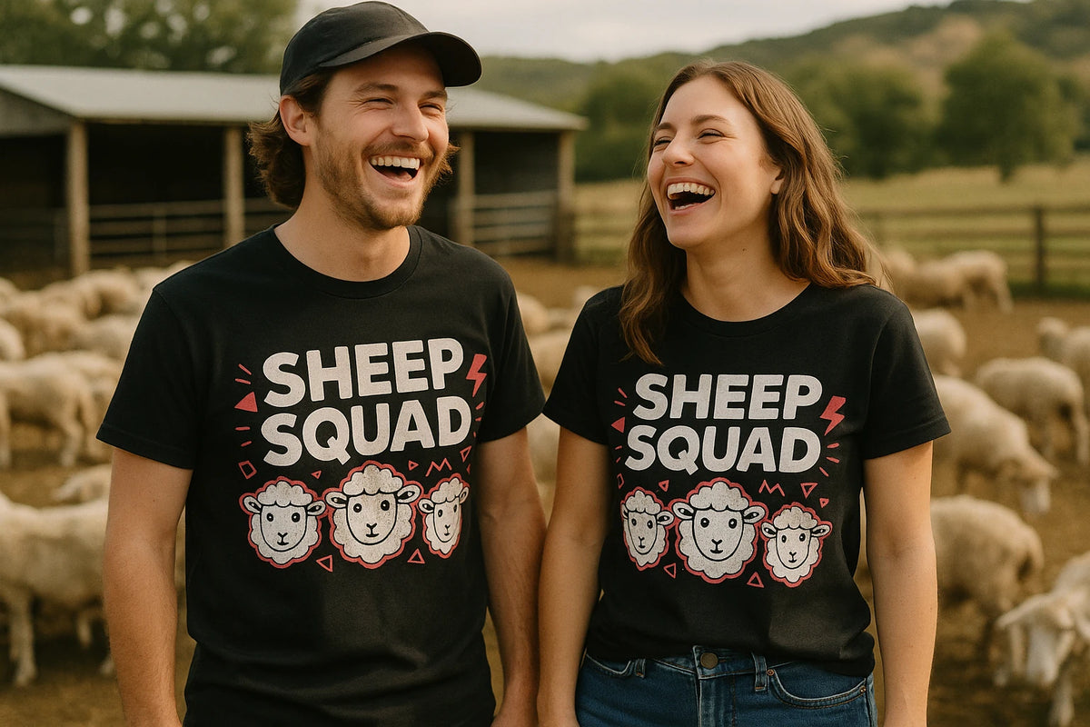 Person wearing the black sheep t shirt graphic tee - "Sheep Squad" design