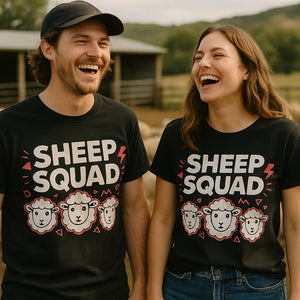 Person wearing the black sheep t shirt graphic tee - "Sheep Squad" design