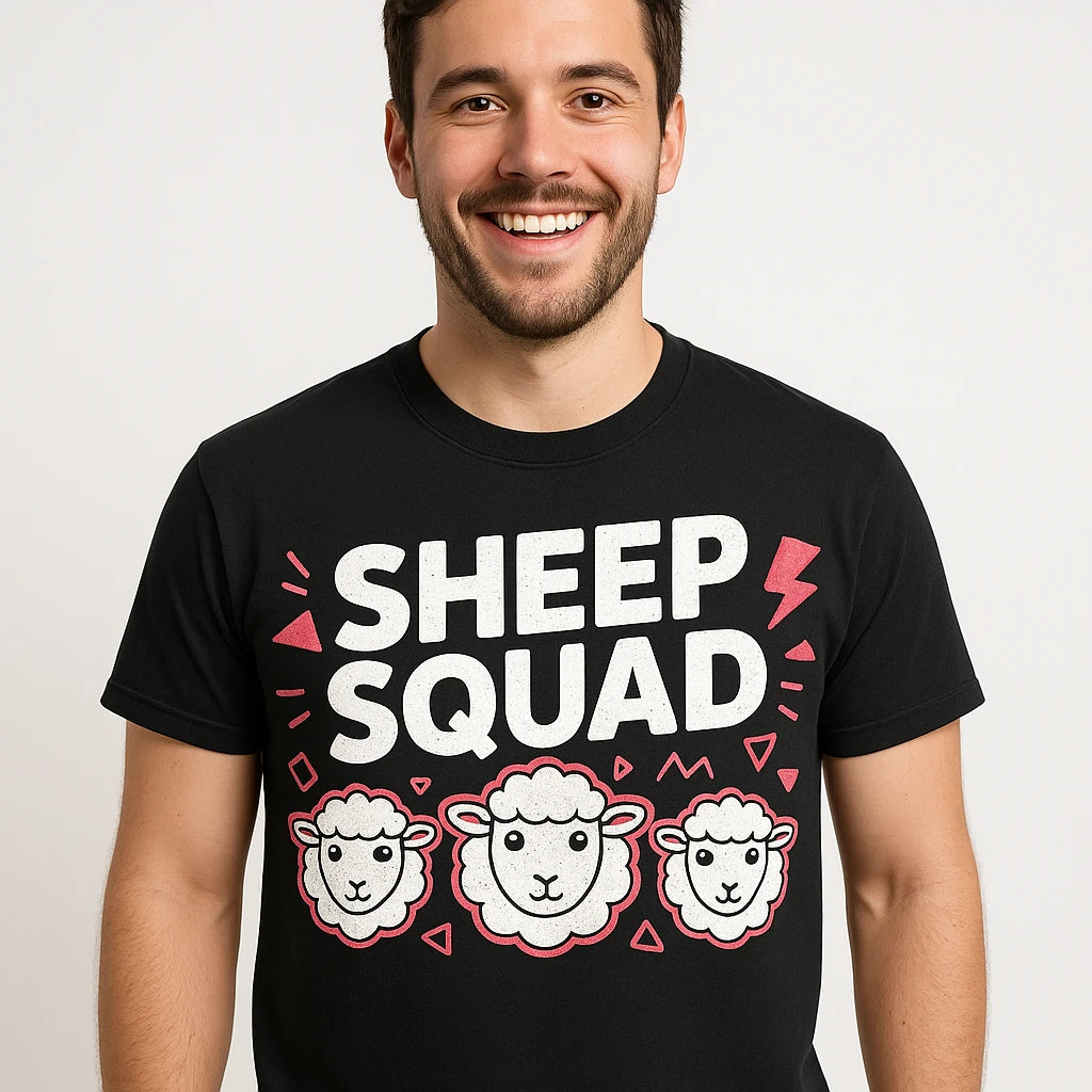 Close-up of the "Sheep Squad" white print on a premium Bella+Canvas black sheep t shirt