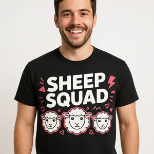 Close-up of the "Sheep Squad" white print on a premium Bella+Canvas black sheep t shirt
