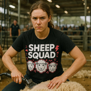 Lifestyle shot of the "Sheep Squad" black sheep t shirt in a real-world setting