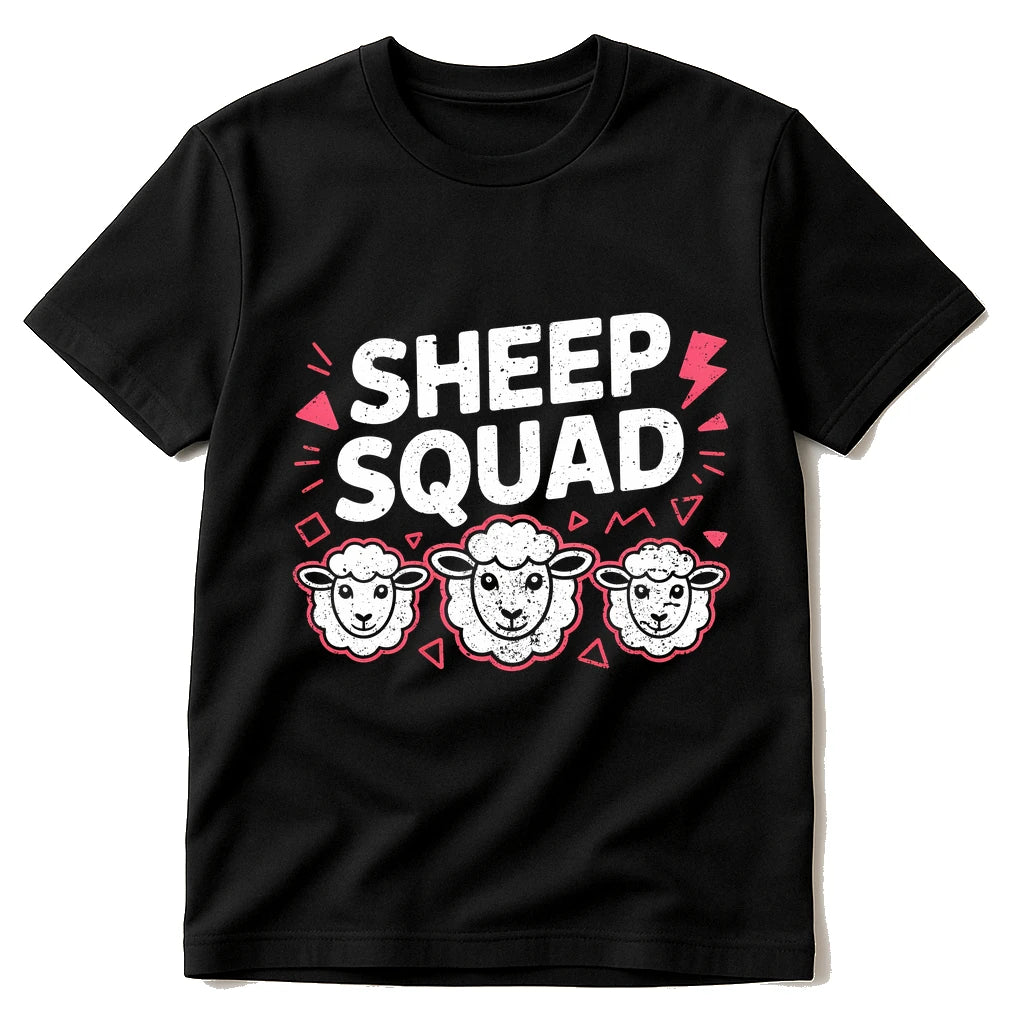 Black Sheep T Shirt - "Sheep Squad" graphic tee with white print, flat lay product photo