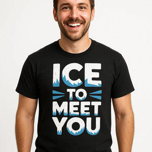 Close-up of the "Ice To Meet You" white print on a premium Bella+Canvas black polar bear t shirt