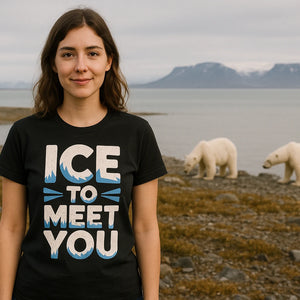 Lifestyle shot of the "Ice To Meet You" black polar bear t shirt in a real-world setting