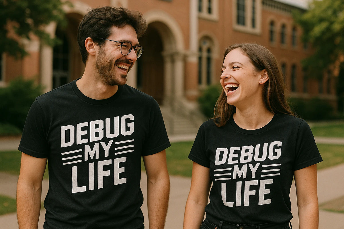 Person wearing the black engineer shirts graphic tee - "Debug My Life" design