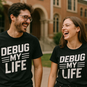 Person wearing the black engineer shirts graphic tee - "Debug My Life" design