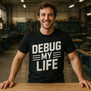 Lifestyle shot of the "Debug My Life" black engineer shirts in a real-world setting