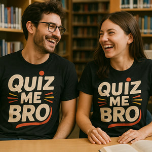 Person wearing the black studying t shirt graphic tee - "Quiz Me Bro" design