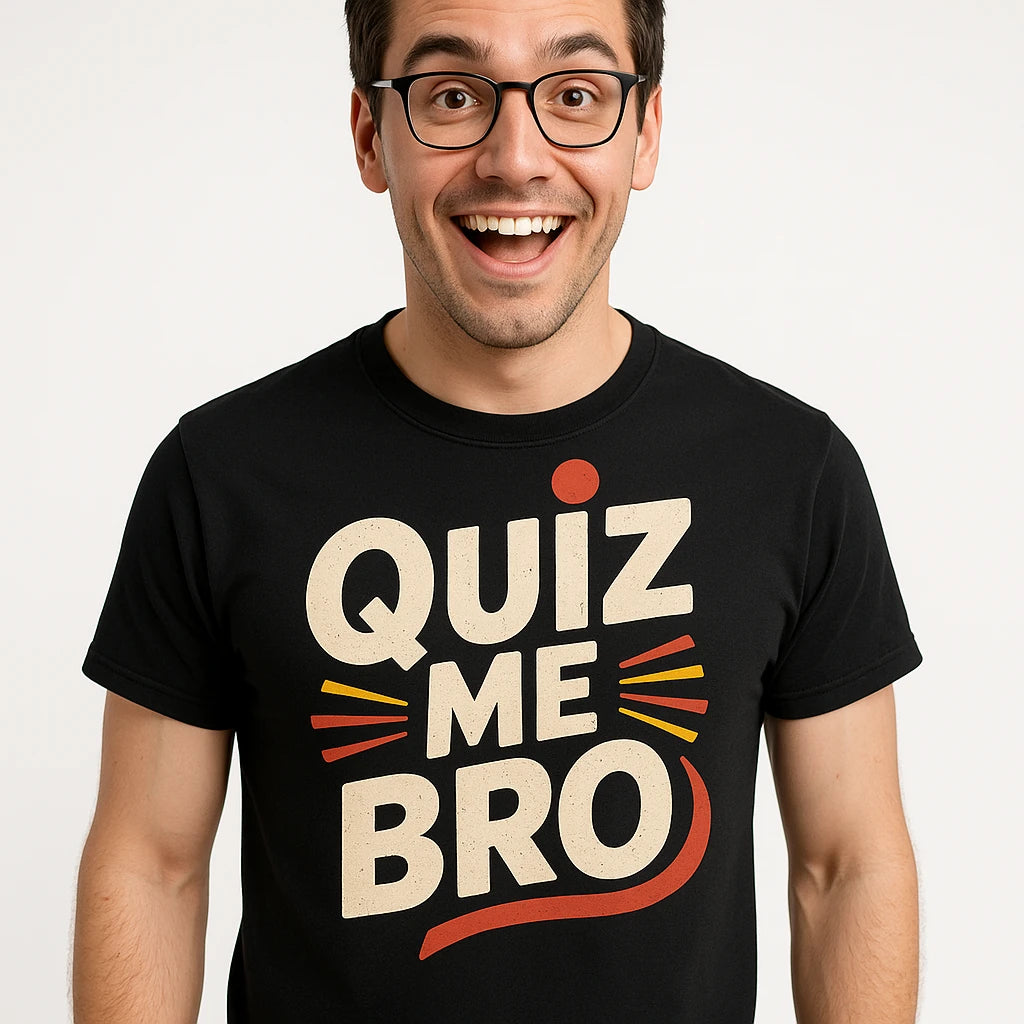 Close-up of the "Quiz Me Bro" beige print on a premium Bella+Canvas black studying t shirt