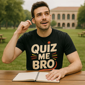 Lifestyle shot of the "Quiz Me Bro" black studying t shirt in a real-world setting