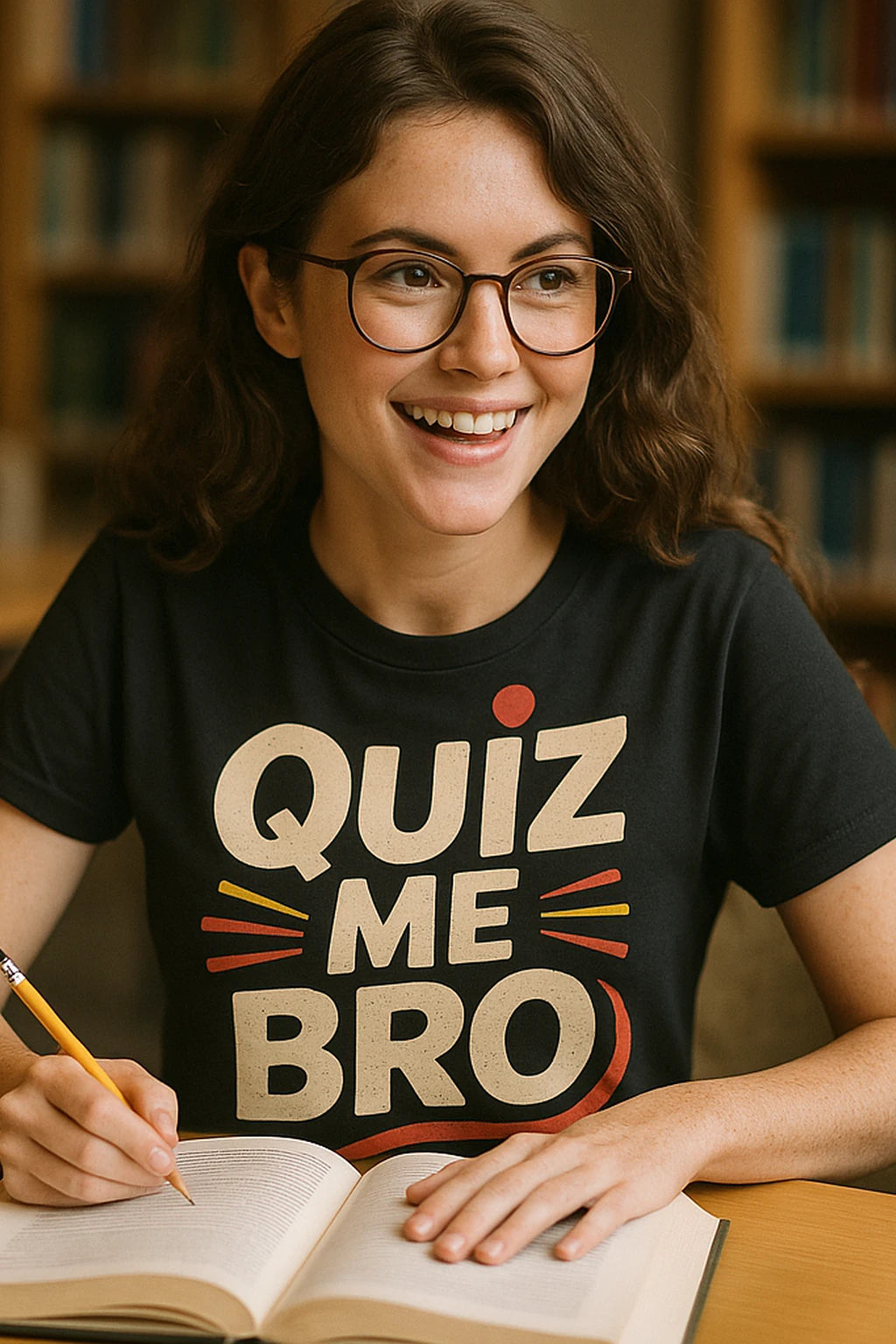 "Quiz Me Bro" black studying t shirt, photographed as studying lover gift