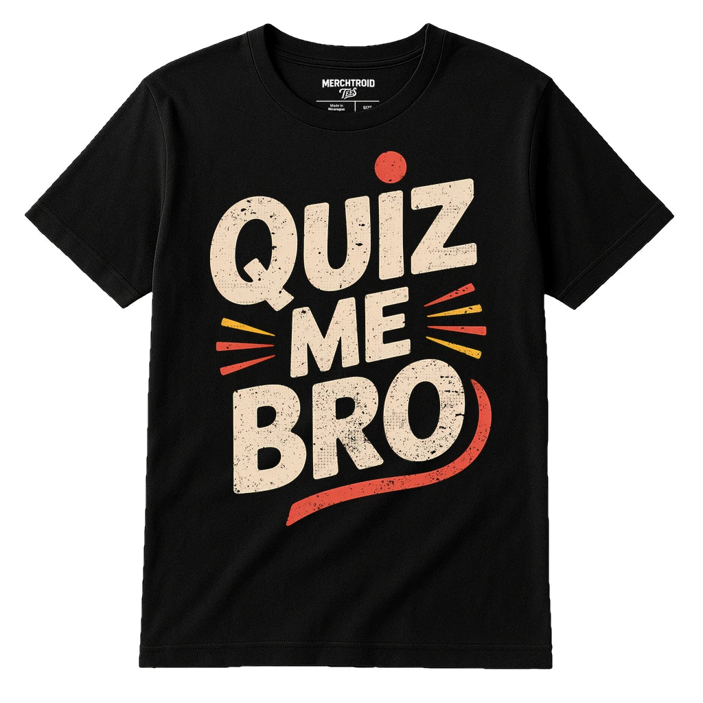 Black Studying T Shirt - "Quiz Me Bro" graphic tee with beige print, flat lay product photo