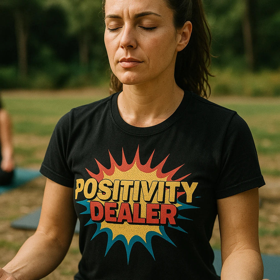 A person with long hair tied back is sitting outdoors with their eyes closed, wearing a black T-shirt with a colorful graphic that reads "POSITIVITY DEALER." The background is a blurred, grassy area with trees.