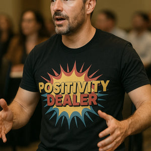 Back view of the "Positivity Dealer" black growth mindset shirts