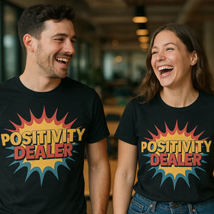Person wearing the black growth mindset shirts graphic tee - "Positivity Dealer" design