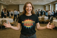 A person is standing in a conference room, smiling and spreading their arms wide. They are wearing a black T-shirt with the text 
