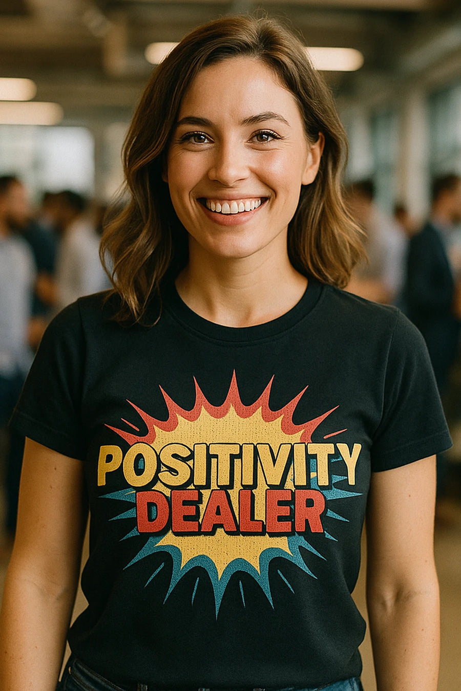 A person with shoulder-length hair, smiling at the camera, wearing a black t-shirt with the words "POSITIVITY DEALER" in bold, colorful letters. The background is a blurred indoor setting with people in the distance.