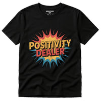 A black t-shirt featuring a colorful, comic-style graphic with the text 
