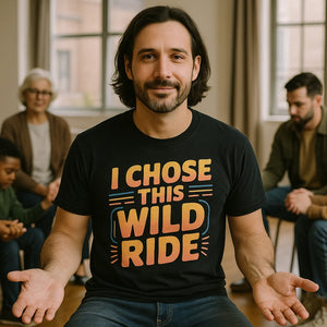 Lifestyle shot of the "I Chose This Wild Ride" black relationships shirts in a real-world setting